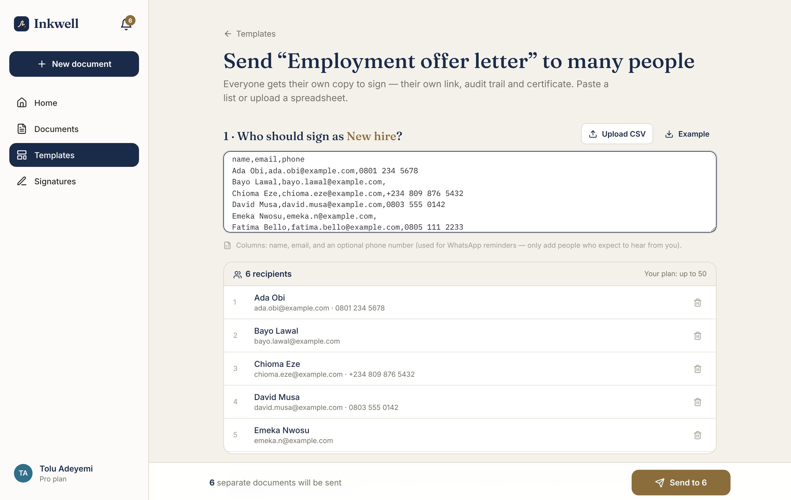 Inkwell's bulk send screen with six recipients pasted from a spreadsheet and ready to send