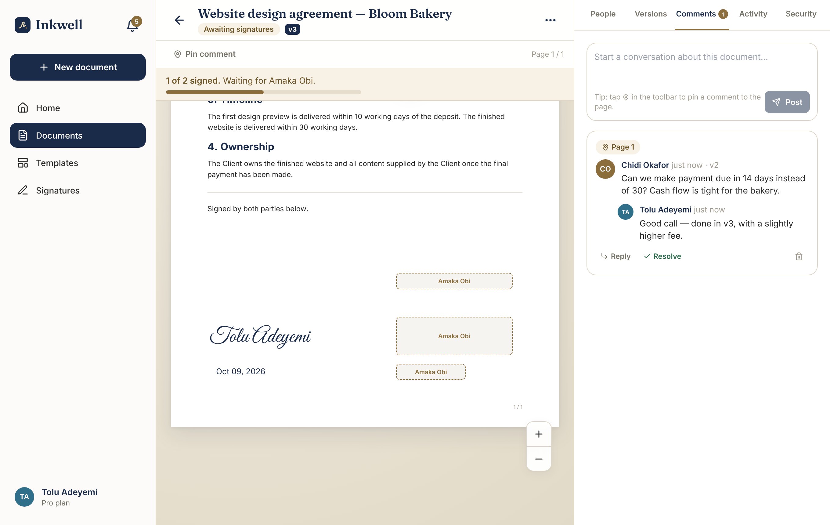A comment pinned to the payment terms of an agreement with a reply, and a reviewer's approval