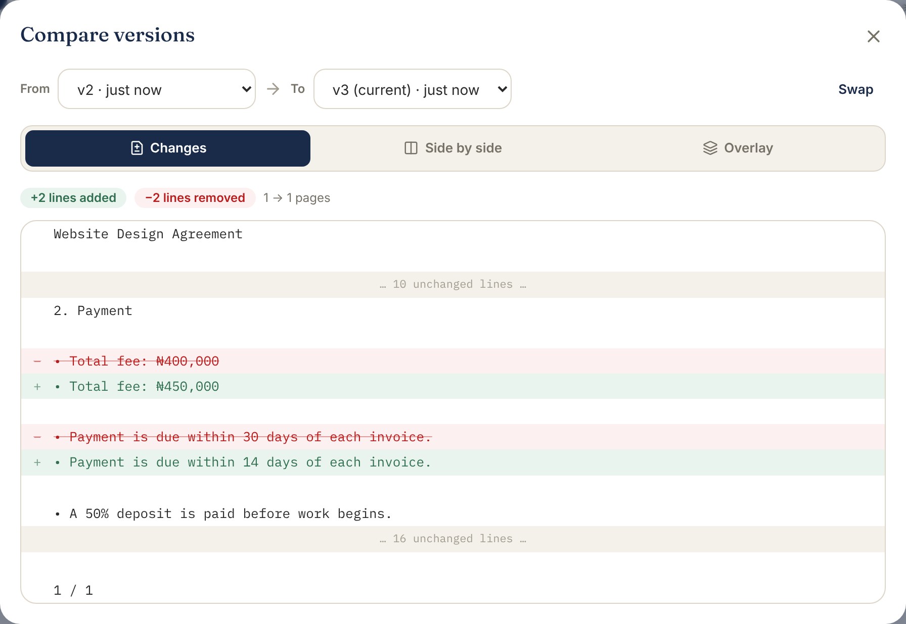 Inkwell showing exactly which lines changed between two versions: the fee and the payment period