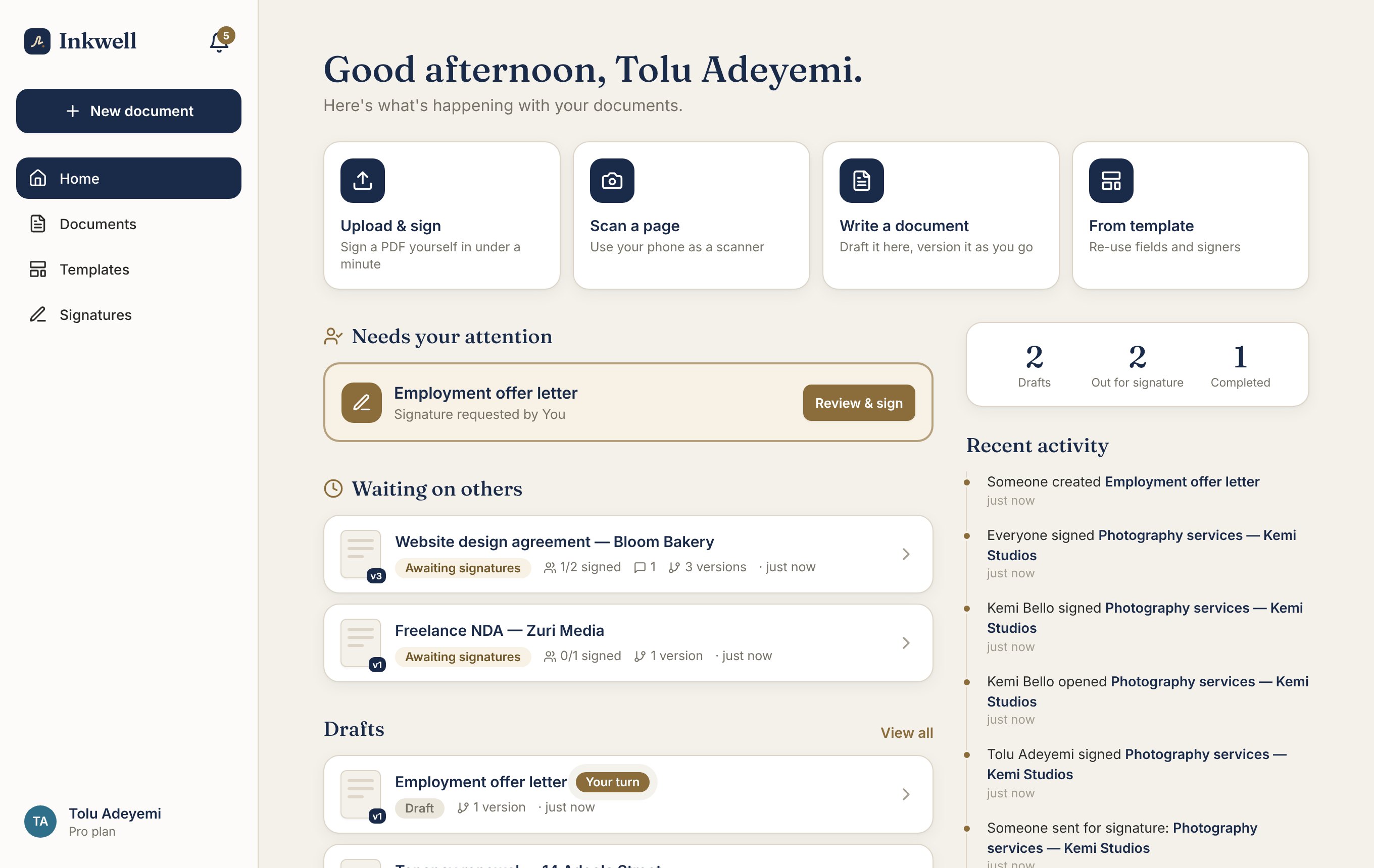 The Inkwell home screen with quick actions to upload, scan, write or use a template, plus documents waiting on others