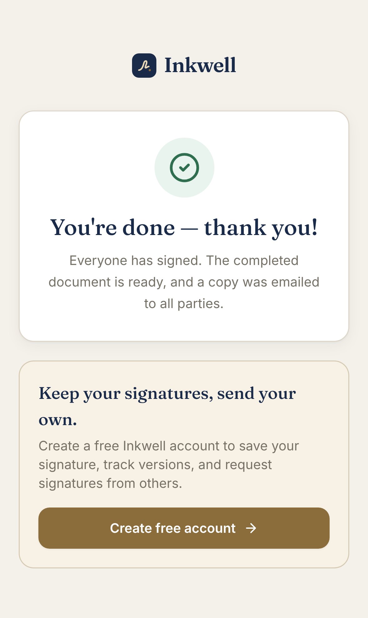 Phone screen confirming the document was signed