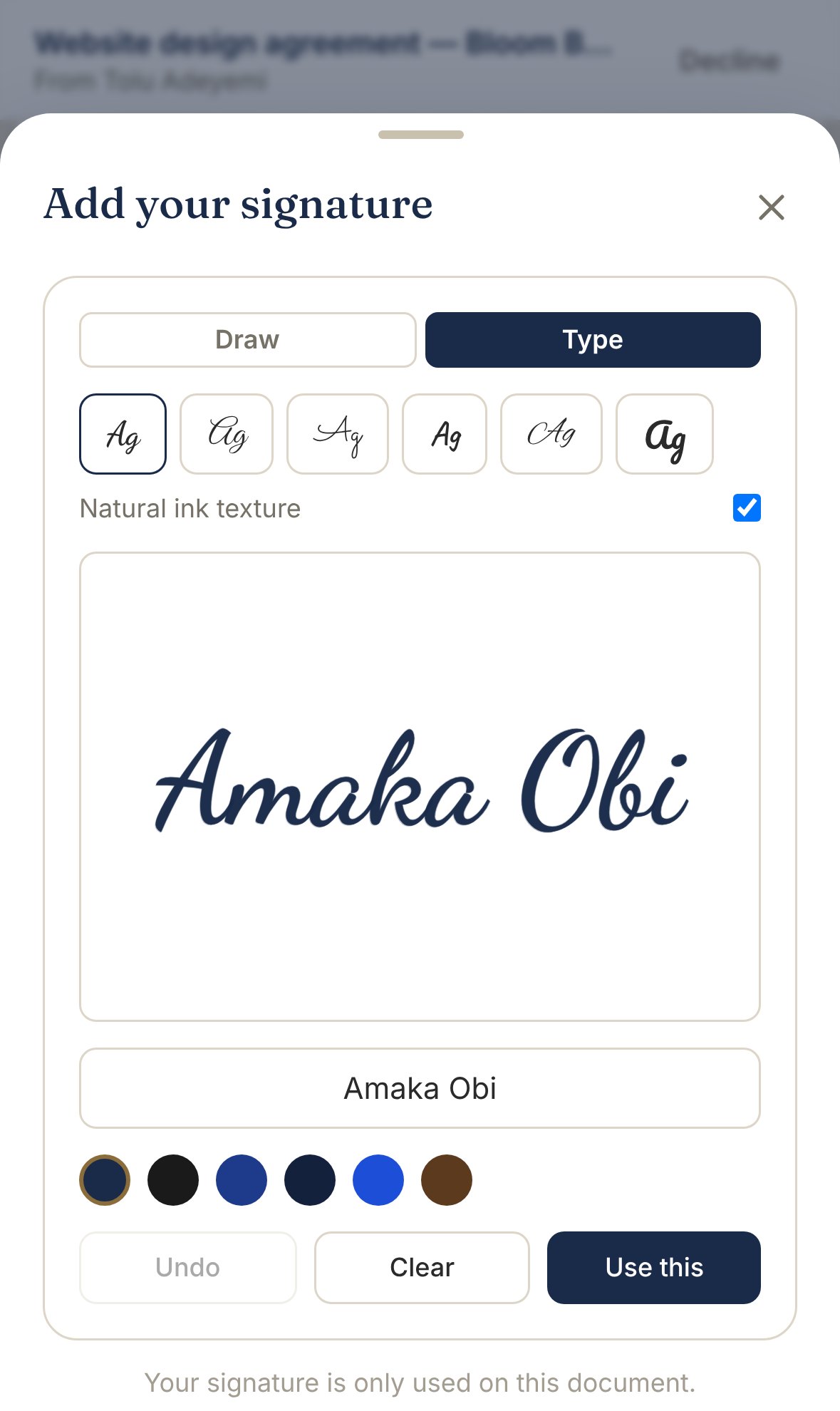 Phone screen where the signer types their name to create a signature
