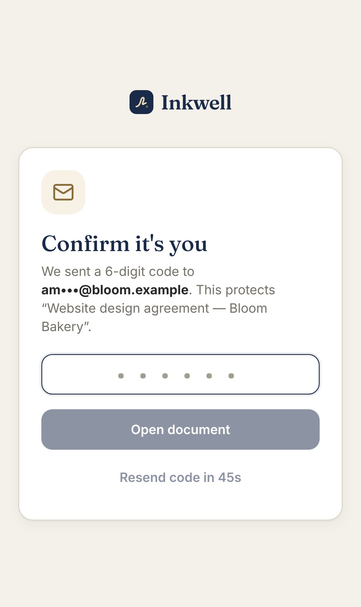 Phone screen asking the signer to confirm their email with a code