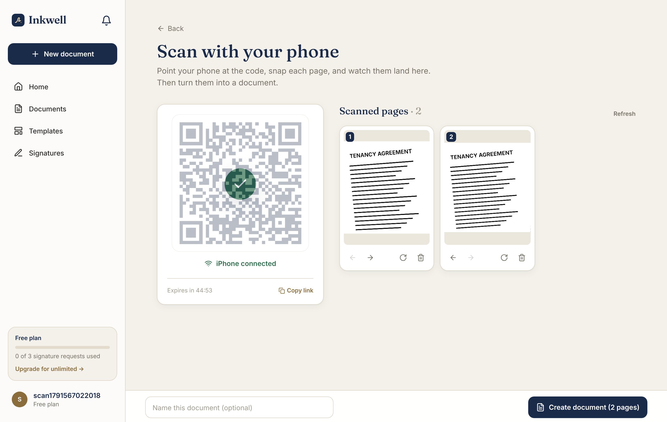 Scanned pages arriving on the computer as the phone takes them, with a green tick showing the phone is connected