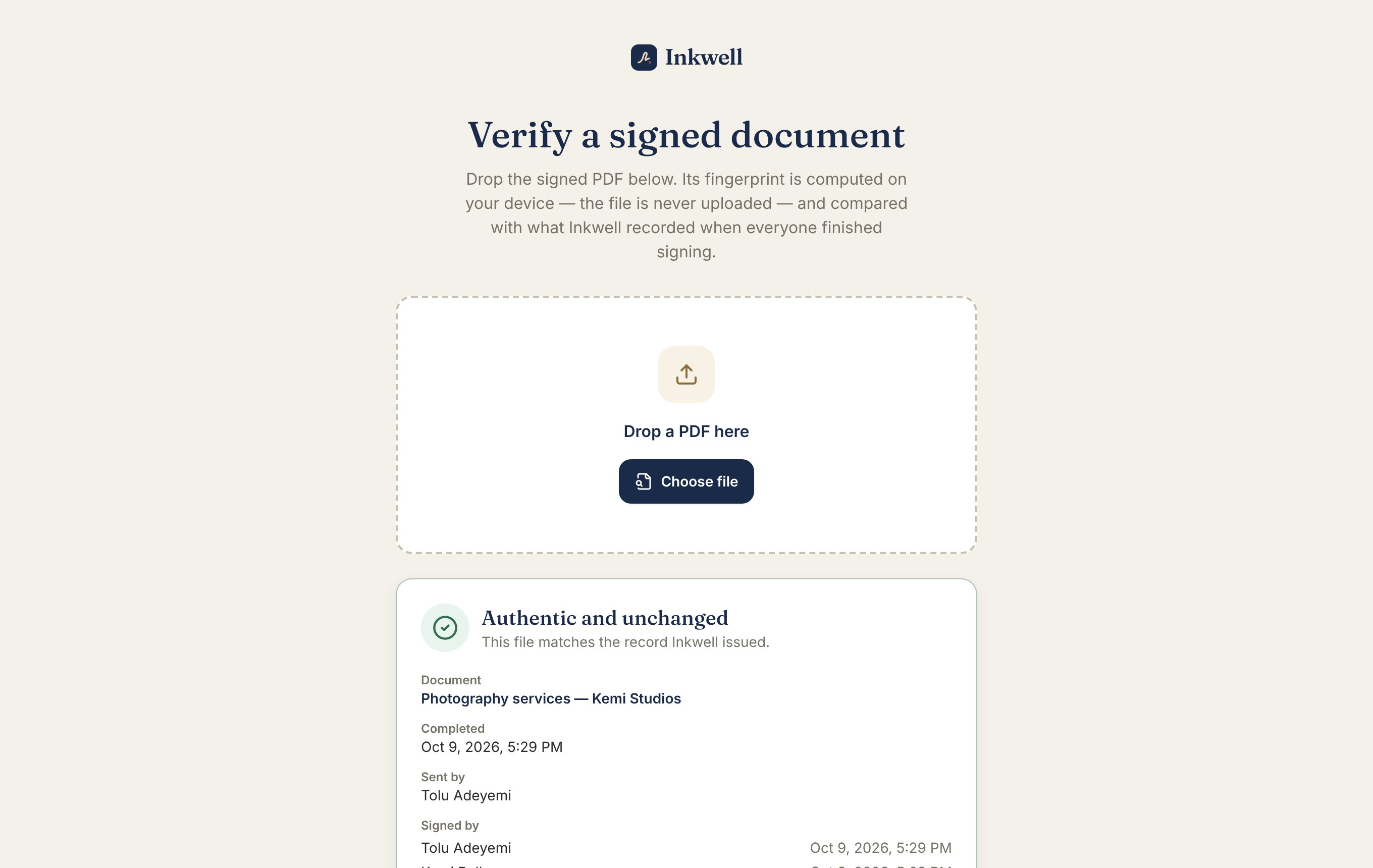 The verify page confirming a signed PDF is authentic and unchanged
